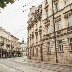 Fototapeta na wymiar Budapest, Hungary 2019. Lonely street and buildings in historical place of Budapest, Hungary. Architecture city travel concept. Neutral colors.