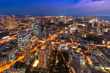 Night view from a skyscraper in Lower Parel, downtown Mumbai. This view spans almost 50-60% of the...