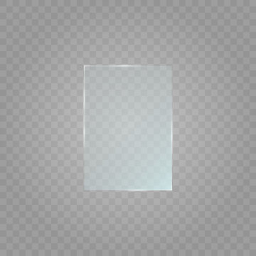 Glass plate on transparent background. Acrylic and glass texture with glares and light. Glass window isolated on white background. Vector illustration. Eps 10.
