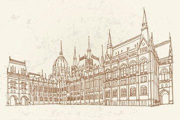 Fototapeta premium Vector sketch of Hungarian Parliament Building. Budapest, Hungary.
