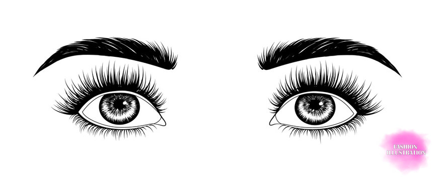 Fashion illustration. Black and white hand-drawn image of eyes with eyebrows and long eyelashes looking up. Vector EPS 10.