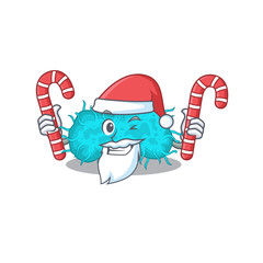 Friendly bacteria prokaryote in Santa Cartoon character holds Christmas candies