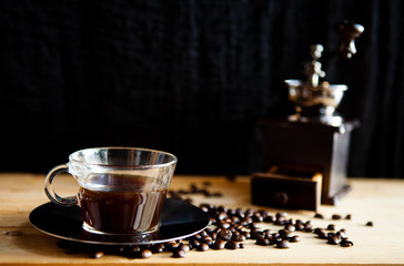 Coffee beans, fresh coffee, coffee in a clear glass