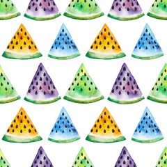 Seamless pattern. Multi-colored watermelon slices. Hand drawn watercolor Illustrations isolated on white background.