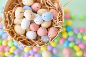Paper nest with Easter eggs in pot