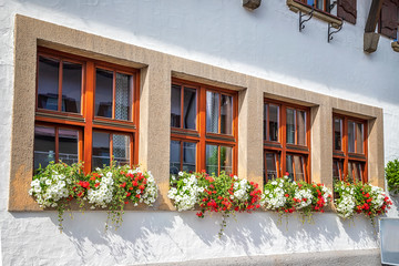 Fototapeta na wymiar Beautiful windows frame with flower boxes. Colorful decoration on the windows. Rural window frame