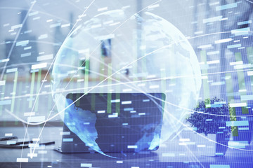 Double exposure of business theme icons and work space with computer background. Concept of success.