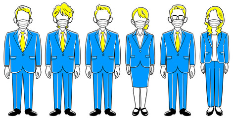 マスクをつけた匿名の6人のビジネスパーソン　ポーズのない男女のセット
