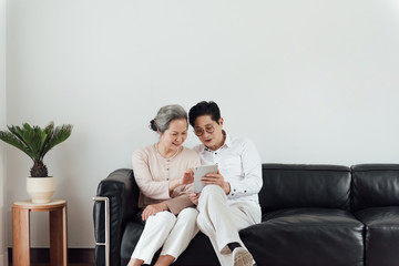 An elderly Asian couple using electronic devices on the sofa
