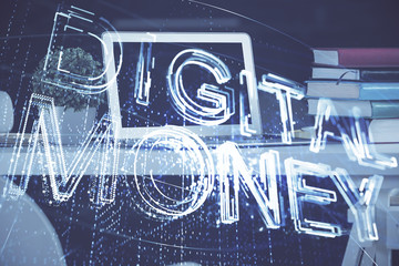 Multi exposure of blockchain and crypto economy theme hologram and table with computer background. Concept of bitcoin cryptocurrency.