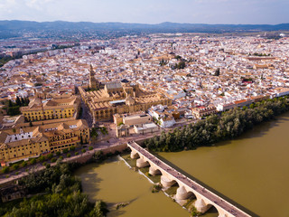 Obraz premium Aerial view of Cordoba with Roman Bridge and Mosque-Cathedral