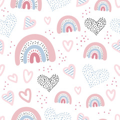 Seamless pattern with cloud and rainbow in the sky.  Creative kids hand drawn texture for fabric, wrapping, textile, wallpaper, apparel. Vector illustration