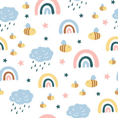 Childish seamless vector pattern with cute clouds, rainbows, insects, bee and moth in Scandinavian style