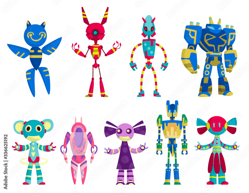 Aufkleber set of funny cartoon robots. cute retro robots. robotic for children. friendly android robots charac