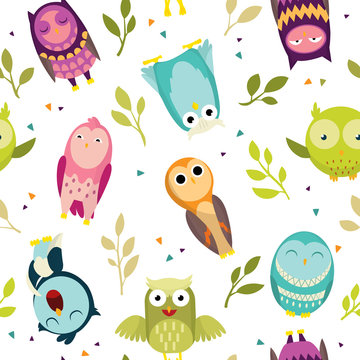Seamless pattern with colorful owls. Cute funny forest bird. Decorative and style toy, doll. Happy and joyful bird in flat style. Isolated children cartoon illustration, for print