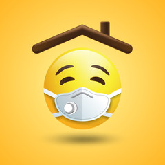 Stay home sticker emoji, House roof with emojis in a medical mask