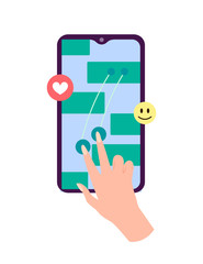 Hand holding smartphone with heart emoji message on screen, like button. Social network and mobile device. Graphics for websites, web banners. Flat design vector illustration