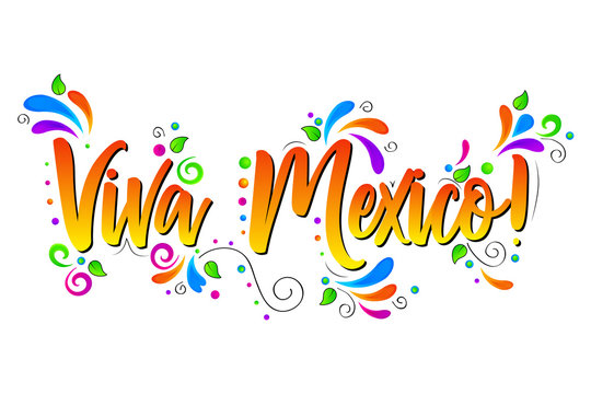Viva Mexico! Colorful Vector lettering isolated illustration on white  background with floral elements. 