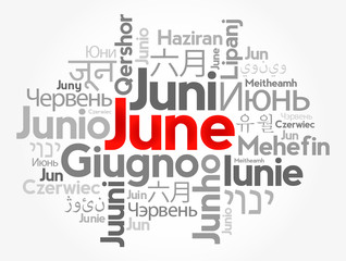 June in different languages of the world, word cloud concept background