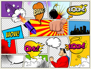 Grunge Retro Comic Speech Bubbles. Background with radial halftone effects and rays in pop-art style. Abstract Talking Clouds and Sounds
