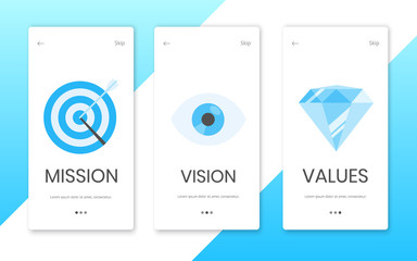 Mission, vision and values flat style design landing page template web concept vector illustration set isolated on white background. Web page concepts for business company strategy and teamwork plan.