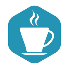 Icon of a mug with a hot drink. A white mug with a saucer and hot steam. Vector illustration isolated on a white background for design and web.