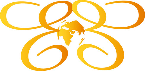 Gold letter E with world map in between