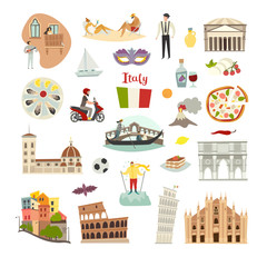 Italy landmarks vector icons set. Illustrated travel collection. Italian Sardinia island cartoon style. Milan Cathedral and Pisa Tower. Coliseum, Rome drawn art sign. Isolated on white background - 336627132