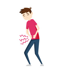 Man having stomachache symptoms of appendicitis with large, small intestine and appendix. Young man clutched his stomach. Abdominal pain. Appendix disease, emergency case