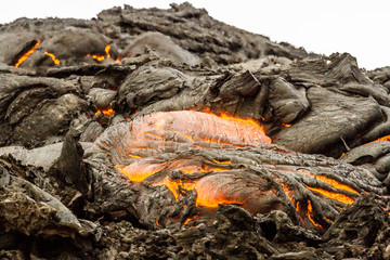 Hot volcanic lava, eruption of volcano, boiling magma flowing