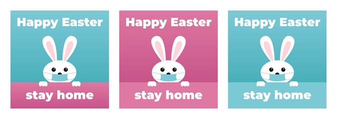happy easter. stay home. coronavirus bunny with medical mask. covid-19 bunny. CORONAVIRUS EASTER RABBIT. Easter bunny isolated on blue background.