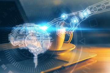 Double exposure of work space with computer and human brain drawing hologram. Brainstorm concept.