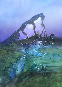 Original painting of a magic alien landscape scene with a huge glowing mushroom and a person standing near it