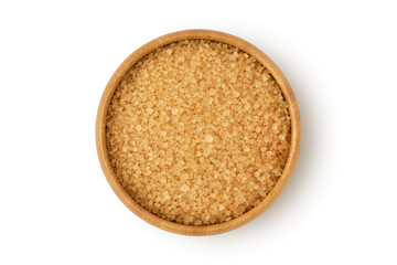 Brown sugar in wooden bowl on white background