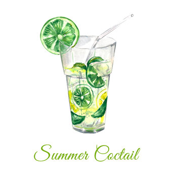Watercolor illustration. Drawing of a cocktail with citrus fruits. Mojito in a transparent glass cup with faces of lime, lemon, mint leaves and ice. A refreshing summer cocktail with a straw