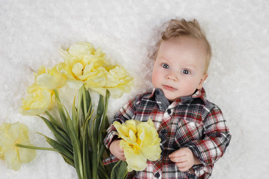 Cute little boy in a plaid shirt holds a bouquet of yellow tulips