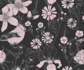 Seamless pattern with hand drawn flowers and birds

