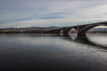 View of the city and the embankment of the Yenisei River in Krasnoyarsk, Siberia, Russia