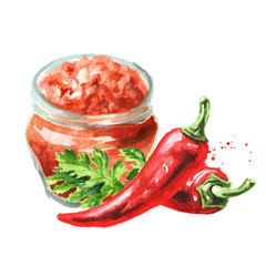Hot chili sauce in the bottle. Watercolor hand drawn illustration  isolated on white background