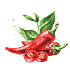 Red hot chili pepper with green leaves. Hand drawn watercolor illustration  isolated on white background - obrazy, fototapety, plakaty