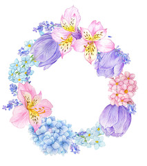watercolor illustration of a wreath with garden flowers