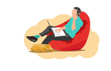 young man sitting on red  sofa and work from home with a laptop and smartphone.Cat lying on the floor.Freelance work and convenient workplace vector concept.