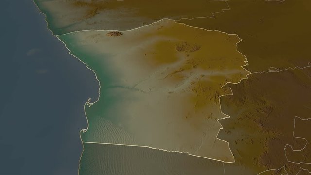 Erongo, region with its capital, zoomed and extruded on the relief map of Namibia in the conformal Stereographic projection. Animation 3D