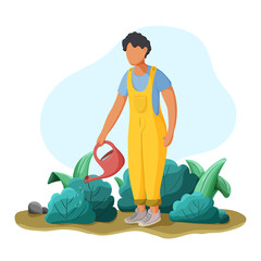 Young man watering plants with a watering can. Gardening concept. Vector illustration.