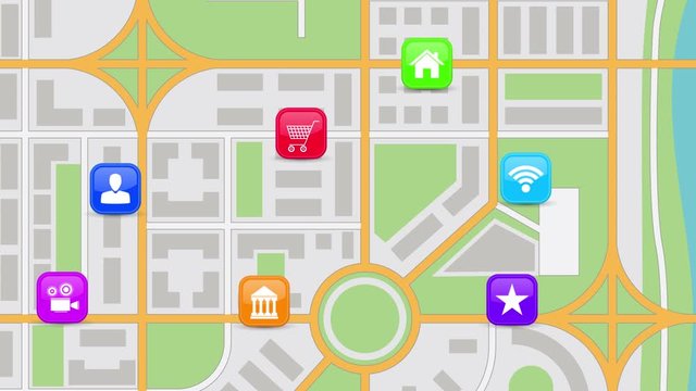 City common locations on the map. Landmarks with colored pins. Animated video