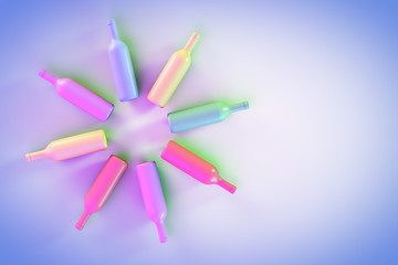A few wine bottles lie in a circular shape. With copyspace. 3D rendering.