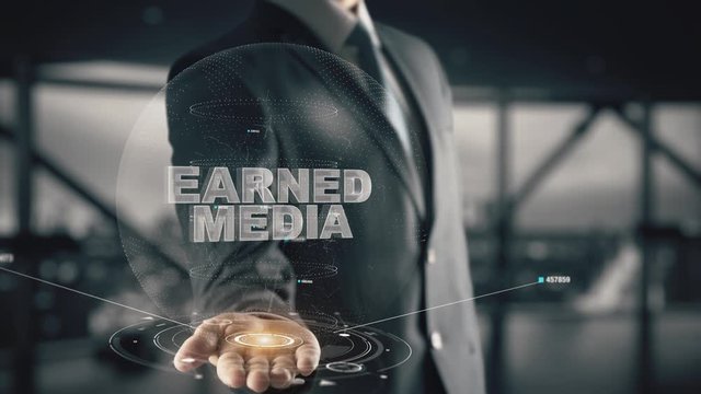 Earned Media with hologram businessman concept