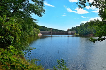 Fototapeta premium Czech Republic-view of the historic dam Les Kralovstvi on the river Elbe near the town Dvur Kralove
