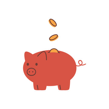 Coins collecte in a piggy Bank. Keeping the money in cash. Concept of money savings and investment. Vector illustration