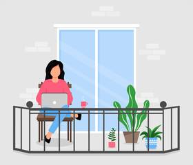 Girl works on a laptop while sitting on the balcony. Online training or freelance. Self-isolation during quarantine. Remote work. Vector illustration.